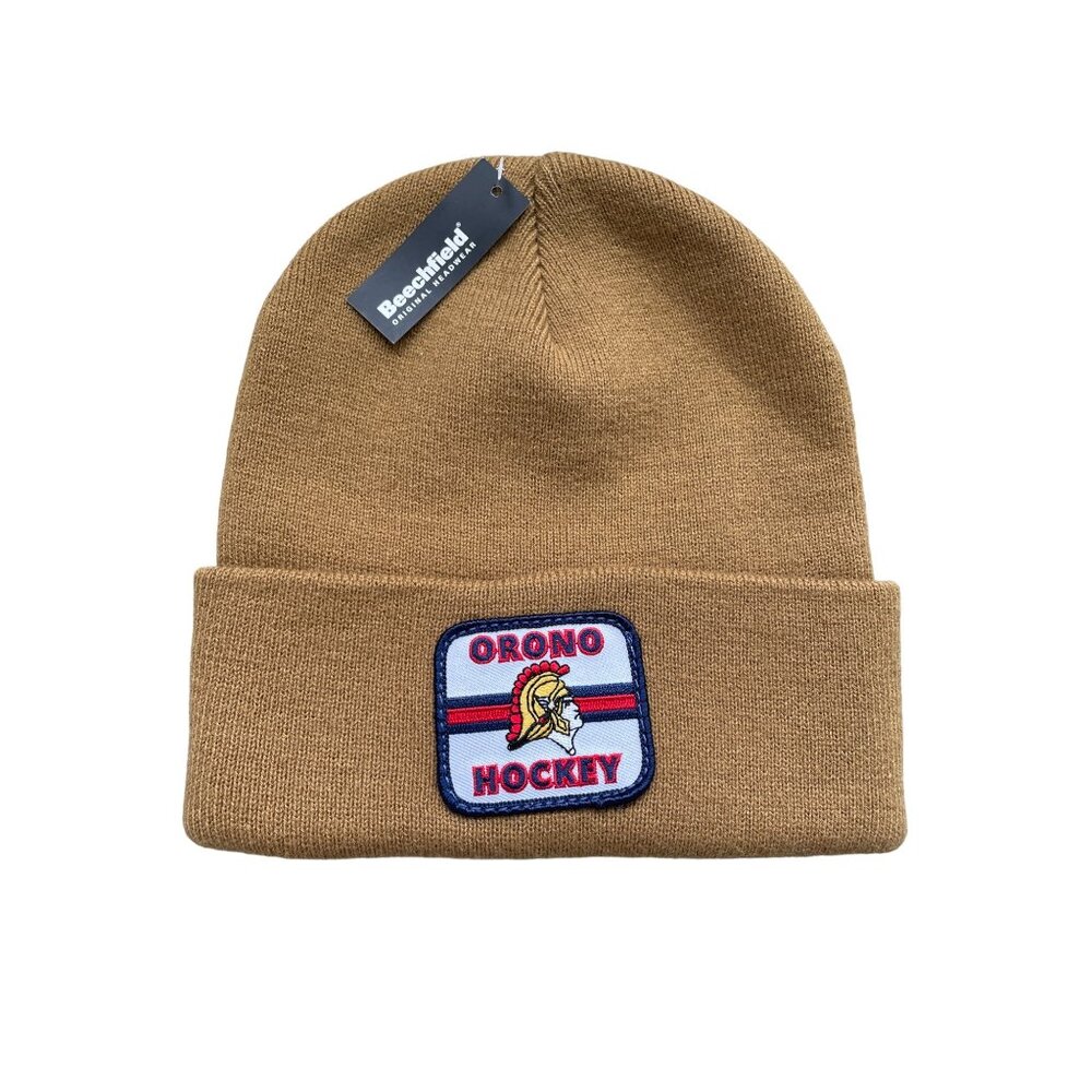 Beechfield Original Headwear Orono Hockey Patch Beanie OSFA Tan Acrylic Cozy NEW